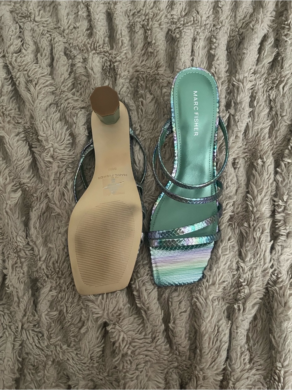 Marc Fisher Iridescent Green Multi-Color Strappy Slide Sandals